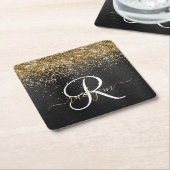 Aangepast goudglitter zwart monogram kartonnen onderzetters (Schuin)