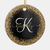 Aangepast goudglitter zwart monogram keramisch ornament (Voorkant)