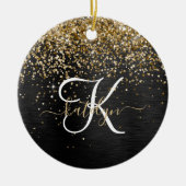 Aangepast goudglitter zwart monogram keramisch ornament (Voorkant)