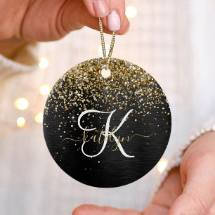 Aangepast goudglitter zwart monogram keramisch ornament