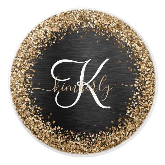 Aangepast goudglitter zwart monogram keramische knop (Voorkant)