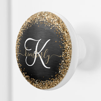 Aangepast goudglitter zwart monogram keramische knop