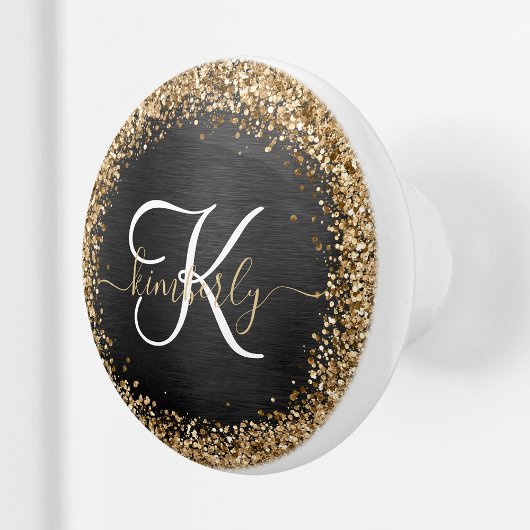 Aangepast goudglitter zwart monogram keramische knop