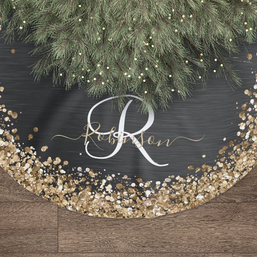Aangepast goudglitter zwart monogram kerstboom rok