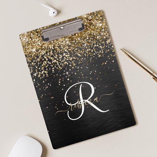 Aangepast goudglitter zwart monogram klembord