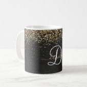 Aangepast goudglitter zwart monogram koffiemok (Voorkant links)