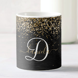 Aangepast goudglitter zwart monogram koffiemok
