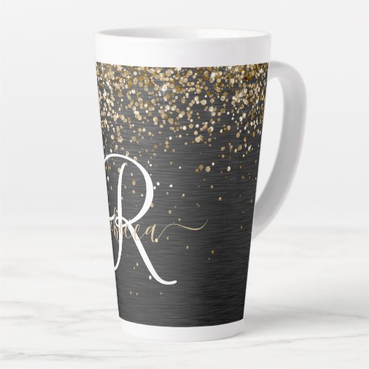 Aangepast goudglitter zwart monogram latte mok (Rechterhoek)