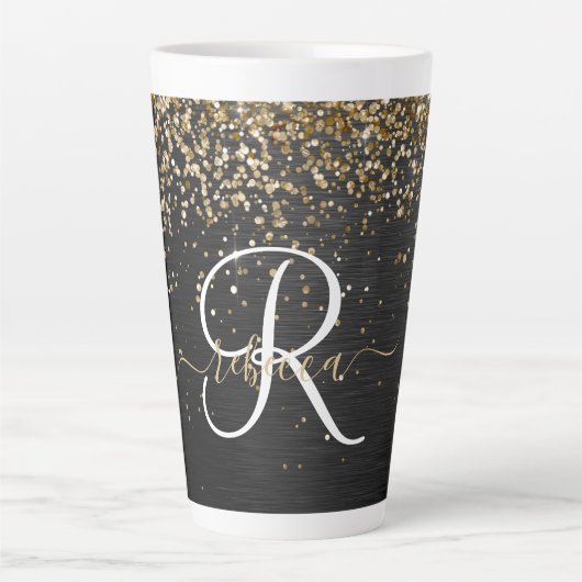 Aangepast goudglitter zwart monogram latte mok (Voorkant)