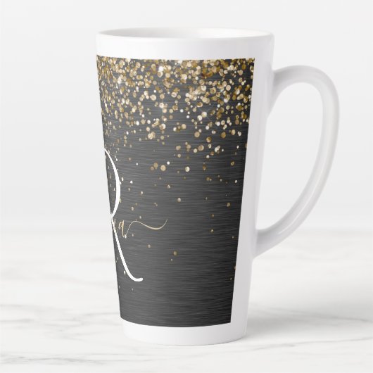 Aangepast goudglitter zwart monogram latte mok (Rechts)