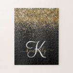 Aangepast goudglitter zwart monogram legpuzzel<br><div class="desc">Pas dit trendy elegante puzzelontwerp met  gouden mousserende glitter op een zwarte geborstelde metalen achtergrond eenvoudig aan.</div>