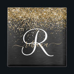 Aangepast goudglitter zwart monogram magneet<br><div class="desc">Pas dit trendy elegante magneetontwerp met  gouden mousserende glitter op een zwarte geborstelde metalen achtergrond eenvoudig aan.</div>
