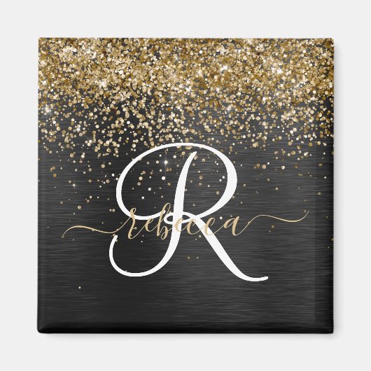 Aangepast goudglitter zwart monogram magneet (Voorkant)