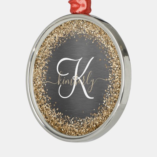 Aangepast goudglitter zwart monogram metalen ornament (Links)