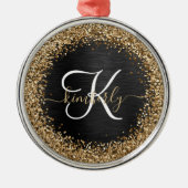 Aangepast goudglitter zwart monogram metalen ornament (Voorkant)
