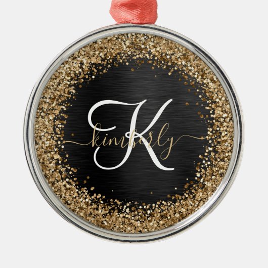 Aangepast goudglitter zwart monogram metalen ornament (Voorkant)
