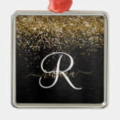 Aangepast goudglitter zwart monogram metalen ornament (Voorkant)