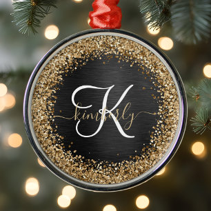 Aangepast goudglitter zwart monogram metalen ornament