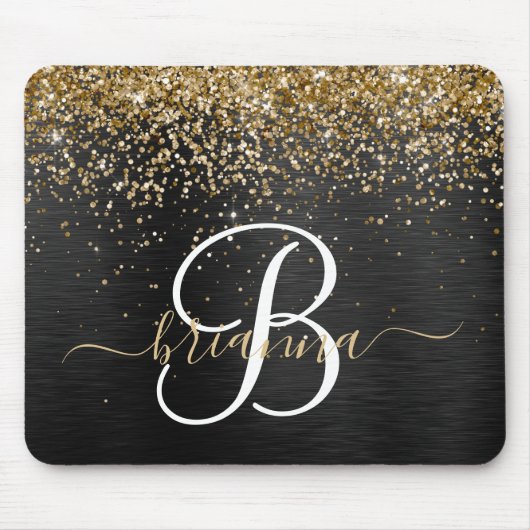 Aangepast goudglitter zwart monogram muismat (Voorkant)