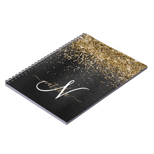 Aangepast goudglitter zwart monogram notitieboek (Linkerzijde)