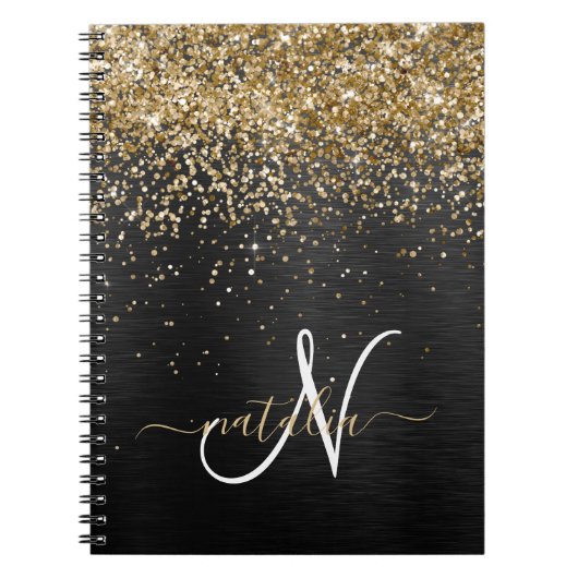 Aangepast goudglitter zwart monogram notitieboek (Voorkant)