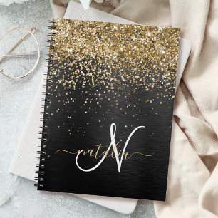 Aangepast goudglitter zwart monogram notitieboek