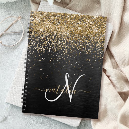 Aangepast goudglitter zwart monogram notitieboek