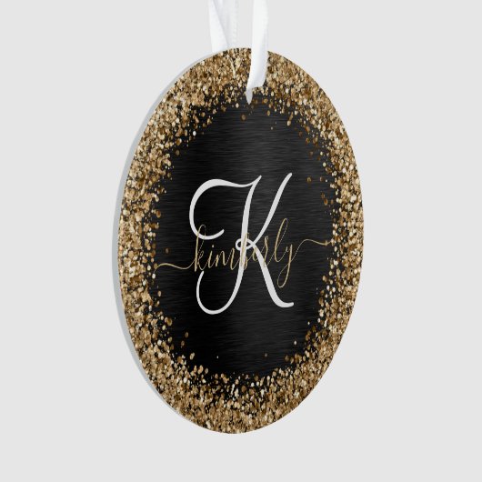 Aangepast goudglitter zwart monogram ornament (voorkant)