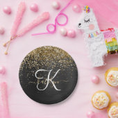 Aangepast goudglitter zwart monogram papieren bordje (Feest)