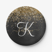 Aangepast goudglitter zwart monogram papieren bordje (Voorkant)