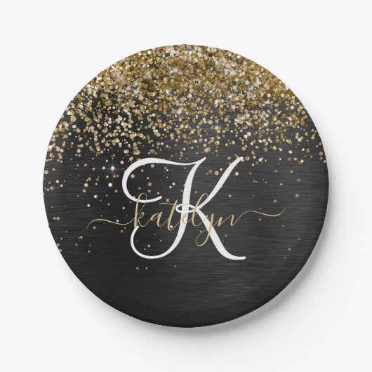 Aangepast goudglitter zwart monogram papieren bordje (Voorkant)