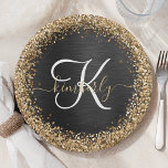 Aangepast goudglitter zwart monogram papieren bordje<br><div class="desc">Pas dit trendy elegante papieren bord met  gouden mousserende glitter eenvoudig aan op een zwarte geborstelde metalen achtergrond.</div>