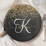 Aangepast goudglitter zwart monogram papieren bordje<br><div class="desc">Pas dit trendy elegante papieren bord met  gouden mousserende glitter eenvoudig aan op een zwarte geborstelde metalen achtergrond.</div>