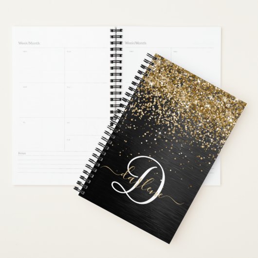 Aangepast goudglitter zwart monogram planner (Display)