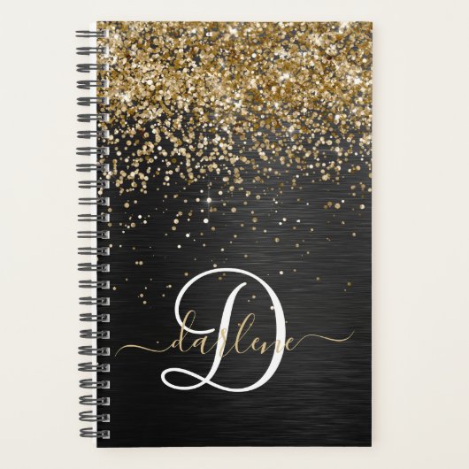 Aangepast goudglitter zwart monogram planner (Voorkant)