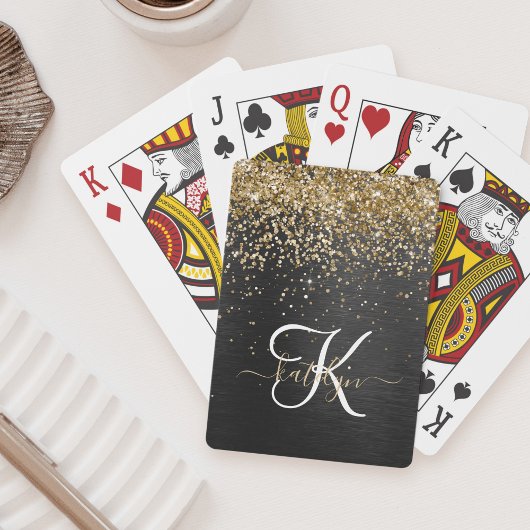 Aangepast goudglitter zwart monogram pokerkaarten