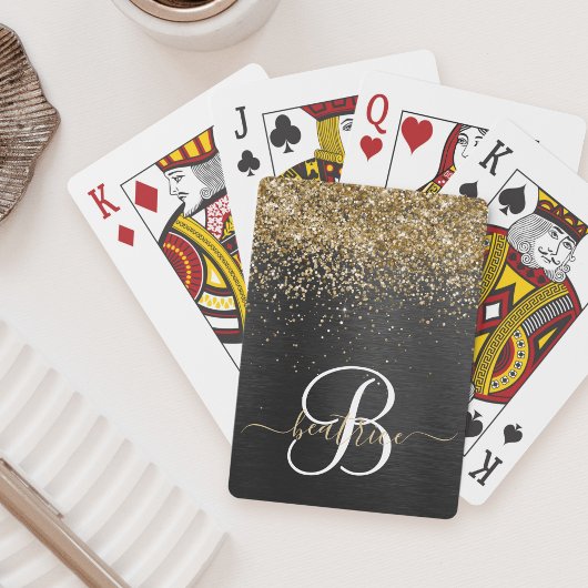 Aangepast goudglitter zwart monogram pokerkaarten