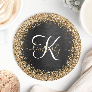 Aangepast goudglitter zwart monogram ronde kartonnen onderzetter