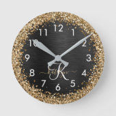 Aangepast goudglitter zwart monogram ronde klok (Voorkant)