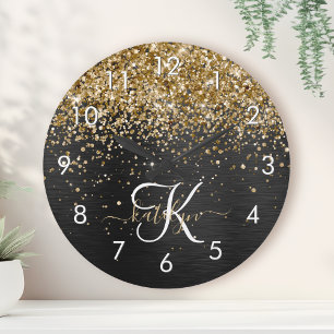 Aangepast goudglitter zwart monogram ronde klok