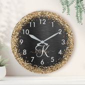 Aangepast goudglitter zwart monogram ronde klok