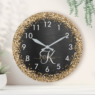Aangepast goudglitter zwart monogram ronde klok