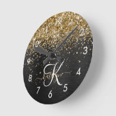 Aangepast goudglitter zwart monogram ronde klok (Hoek)