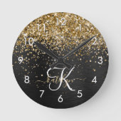Aangepast goudglitter zwart monogram ronde klok (Voorkant)