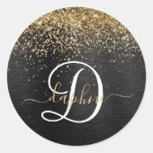 Aangepast goudglitter zwart monogram ronde sticker (Voorkant)
