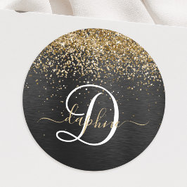 Aangepast goudglitter zwart monogram ronde sticker