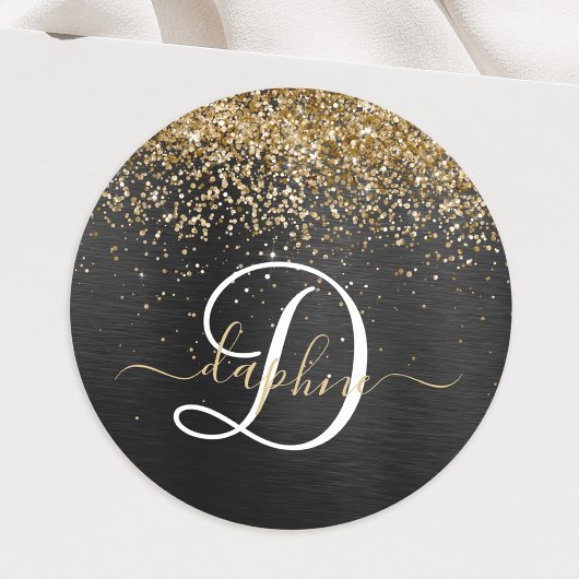 Aangepast goudglitter zwart monogram ronde sticker