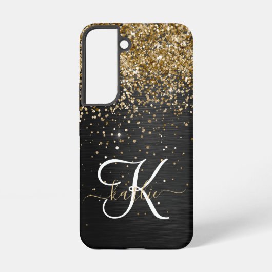 Aangepast goudglitter zwart monogram samsung galaxy hoesje (Achterkant)