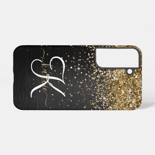 Aangepast goudglitter zwart monogram samsung galaxy hoesje (Achterkant horizontaal)