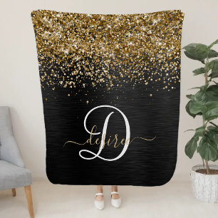Aangepast goudglitter zwart monogram sherpa deken